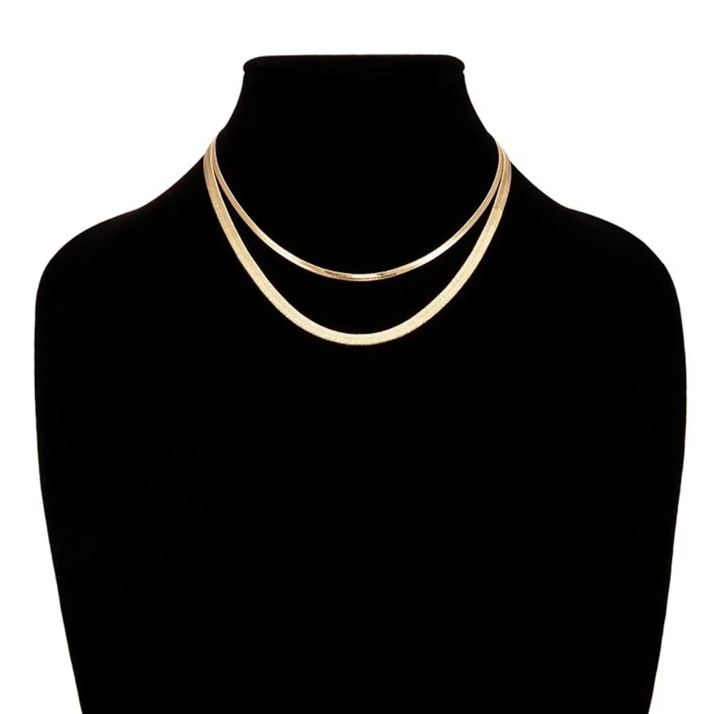 Layered Brass Herringbone Snake Chain Necklace - Picture 3 of 3